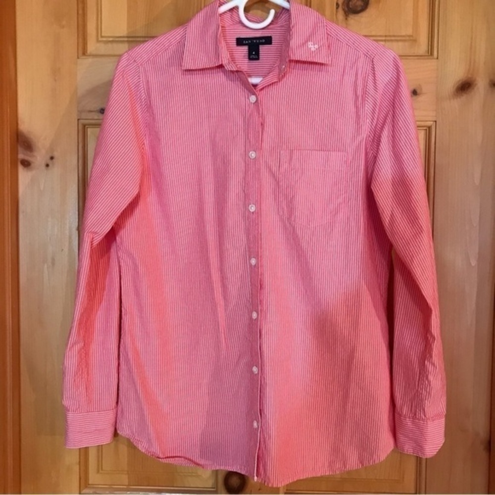 Land’s End Red White Small Striped Button Down Shirt with Monogram R